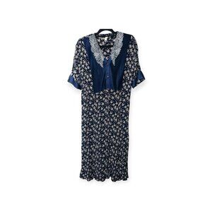 Vintage 80s GASPE Navy Floral Maxi Dress Lace Retro SZ M Cottage Core